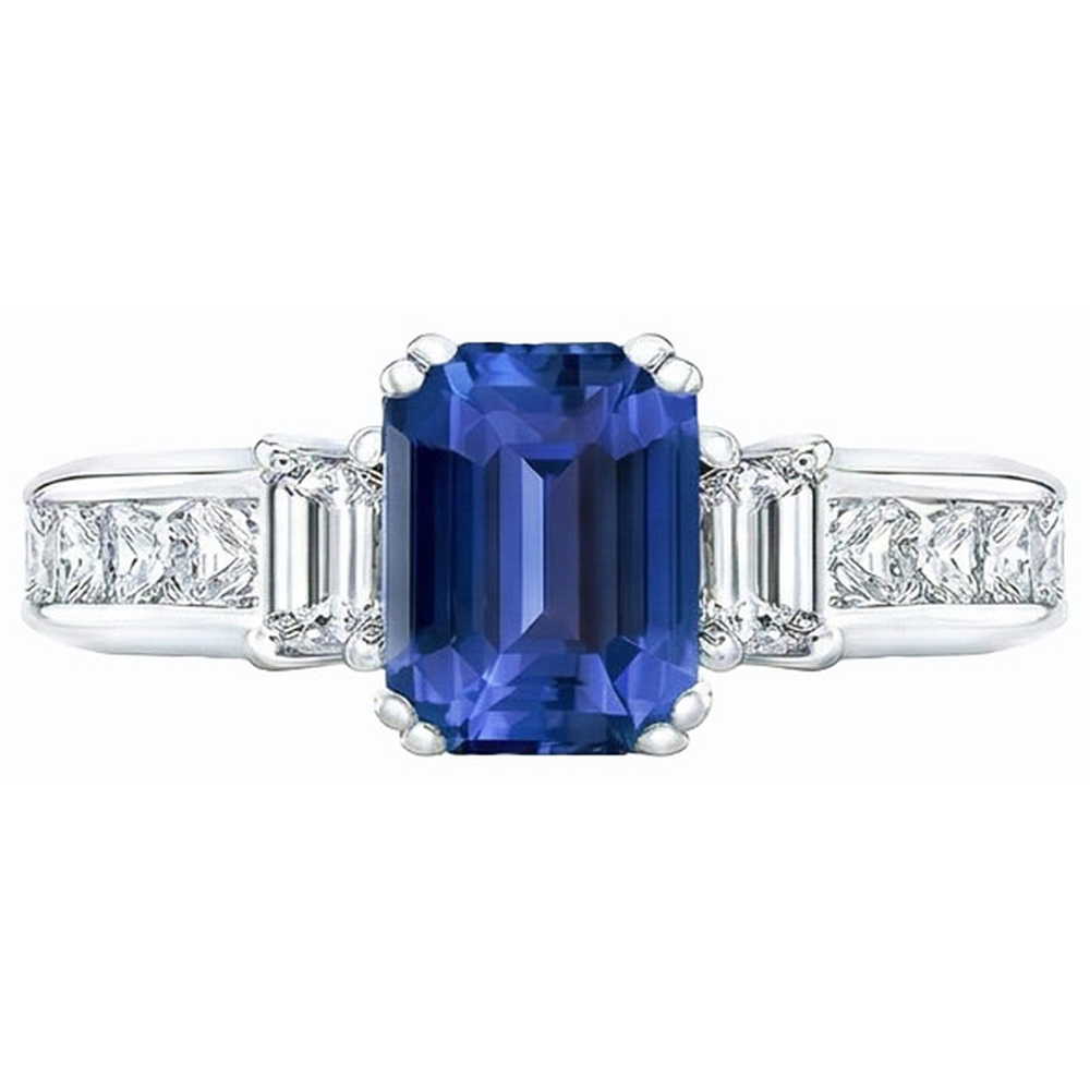 Blue Sapphire 3 Stone Emerald Cut Ring & Princess Natural Earth Mined Diamonds 4 Carats