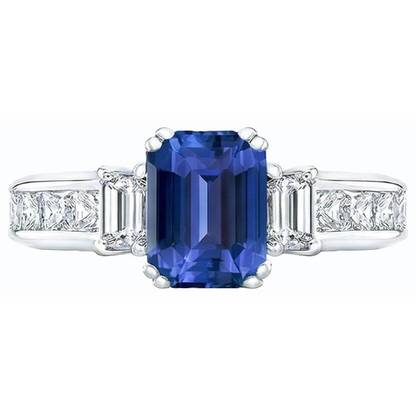 Blue Sapphire 3 Stone Emerald Cut Ring & Princess Natural Earth Mined Diamonds 4 Carats