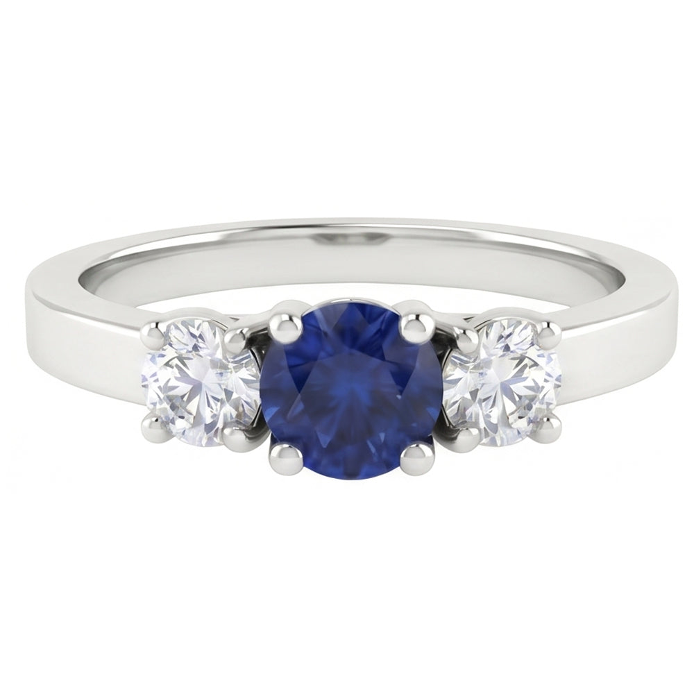 Blue Sapphire 3 Stone Natural Earth Mined Diamond Ring 1.50 Carats Gold 4 Prong Basket Set