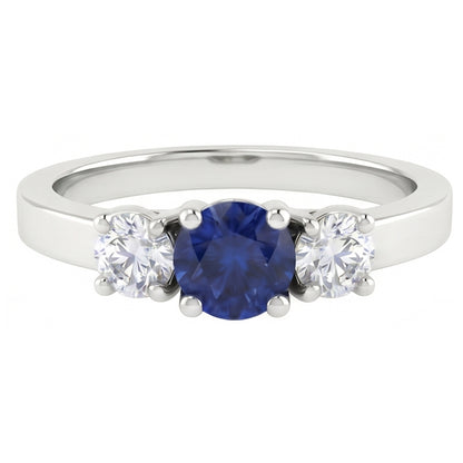 Blue Sapphire 3 Stone Natural Earth Mined Diamond Ring 1.50 Carats Gold 4 Prong Basket Set