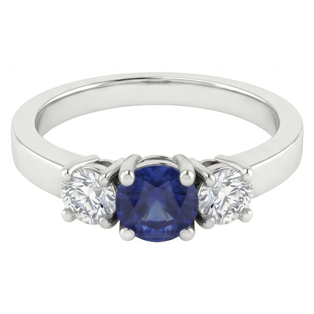 Blue Sapphire 3 Stone Natural Earth Mined Diamond Ring 1.50 Carats Gold 4 Prong Basket Set