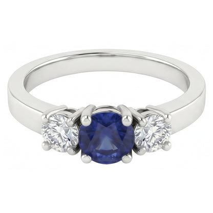 Blue Sapphire 3 Stone Natural Earth Mined Diamond Ring 1.50 Carats Gold 4 Prong Basket Set