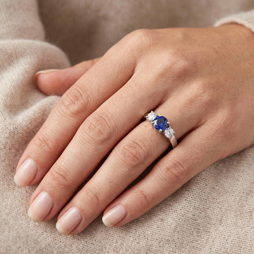 Blue Sapphire 3 Stone Natural Earth Mined Diamond Ring 1.50 Carats Gold 4 Prong Basket Set