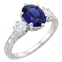 Blue Sapphire 3 Stone Ring & Natural Earth Mined Diamonds 2.50 Carats Antique Style