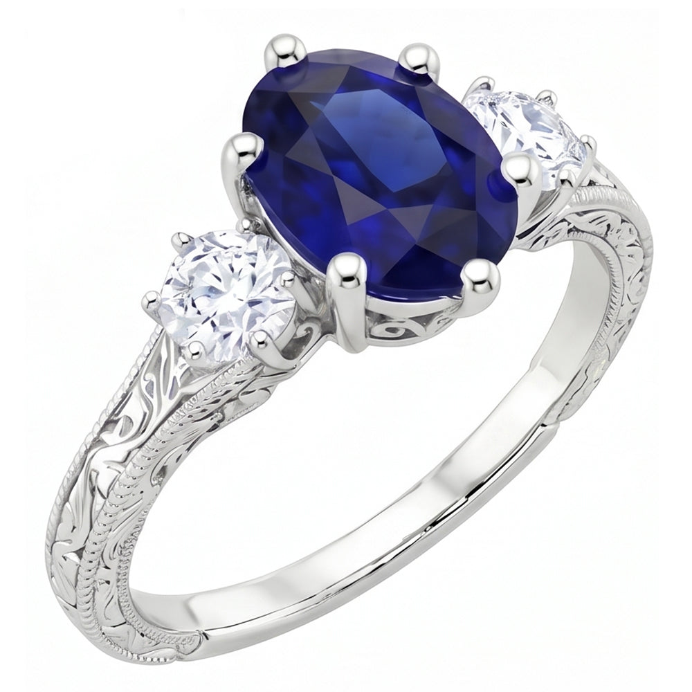 Blue Sapphire 3 Stone Ring & Natural Earth Mined Diamonds 2.50 Carats Antique Style