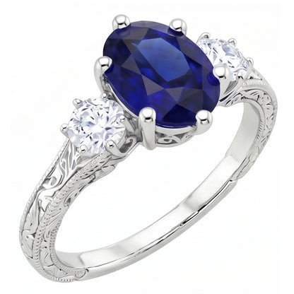 Blue Sapphire 3 Stone Ring & Natural Earth Mined Diamonds 2.50 Carats Antique Style