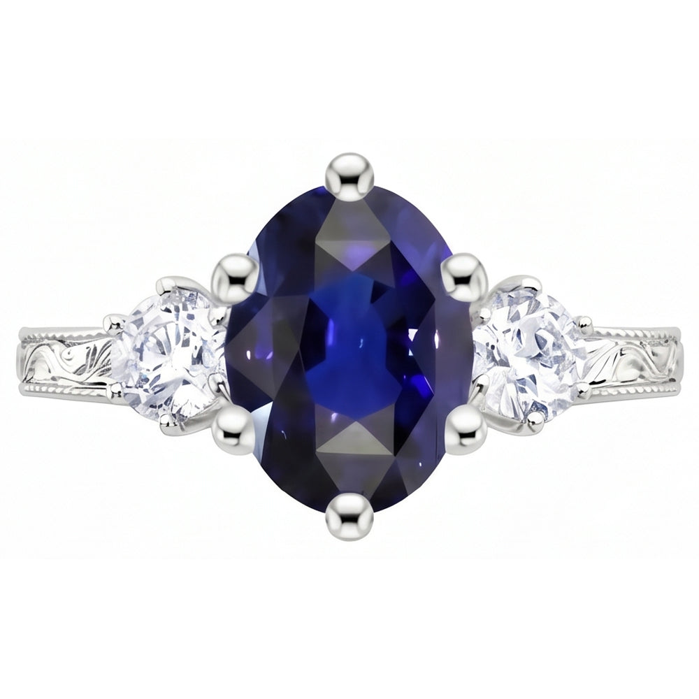 Blue Sapphire 3 Stone Ring & Natural Earth Mined Diamonds 2.50 Carats Antique Style