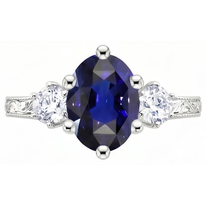 Blue Sapphire 3 Stone Ring & Natural Earth Mined Diamonds 2.50 Carats Antique Style