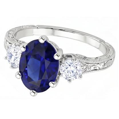 Blue Sapphire 3 Stone Ring & Natural Earth Mined Diamonds 2.50 Carats Antique Style