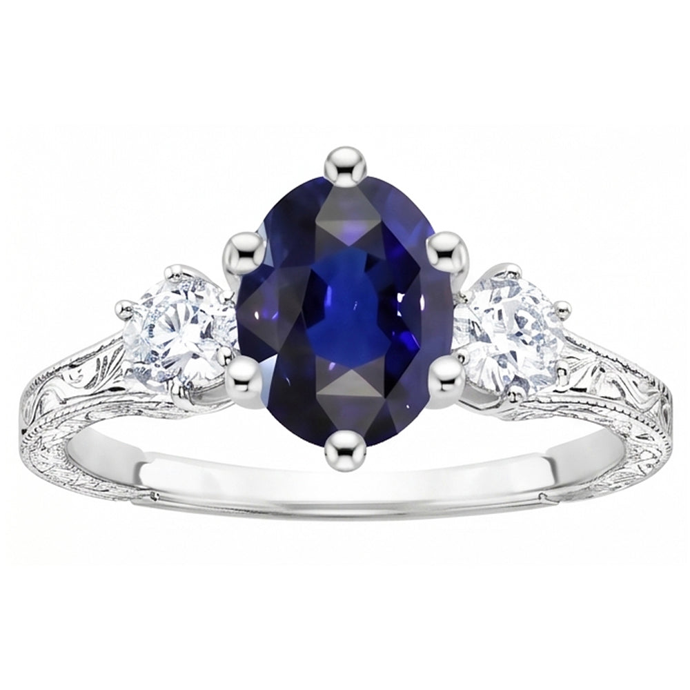 Blue Sapphire 3 Stone Ring & Natural Earth Mined Diamonds 2.50 Carats Antique Style