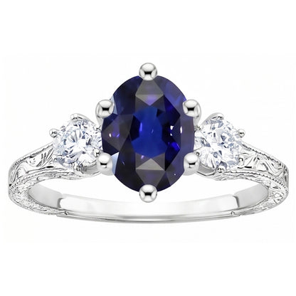 Blue Sapphire 3 Stone Ring & Natural Earth Mined Diamonds 2.50 Carats Antique Style