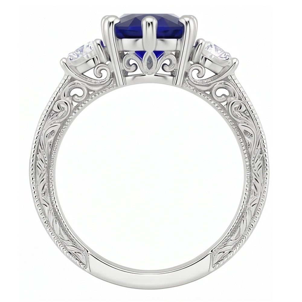Blue Sapphire 3 Stone Ring & Natural Earth Mined Diamonds 2.50 Carats Antique Style