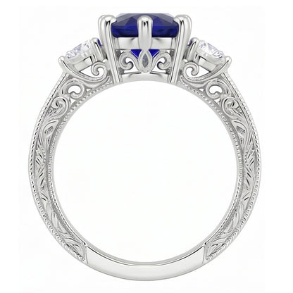 Blue Sapphire 3 Stone Ring & Natural Earth Mined Diamonds 2.50 Carats Antique Style