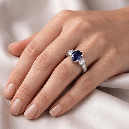 Blue Sapphire 3 Stone Ring & Natural Earth Mined Diamonds 2.50 Carats Antique Style