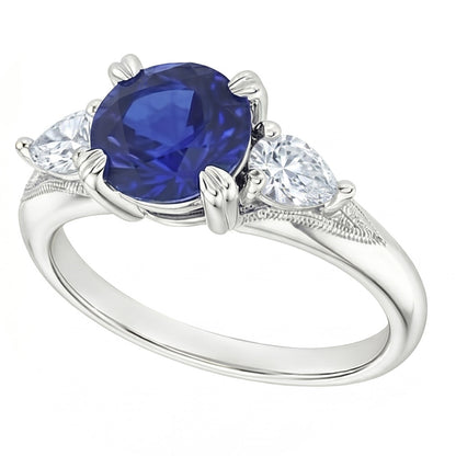 Blue Sapphire 3 Stone Round Sapphire Ring 1.50 Carats Pear Natural Earth Mined Diamonds