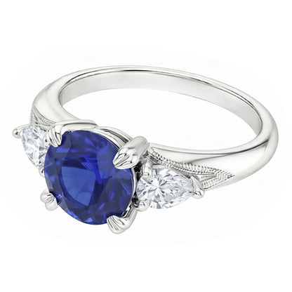 Blue Sapphire 3 Stone Round Sapphire Ring 1.50 Carats Pear Natural Earth Mined Diamonds