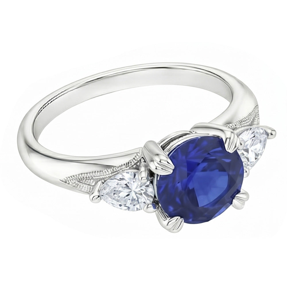 Blue Sapphire 3 Stone Round Sapphire Ring 1.50 Carats Pear Natural Earth Mined Diamonds