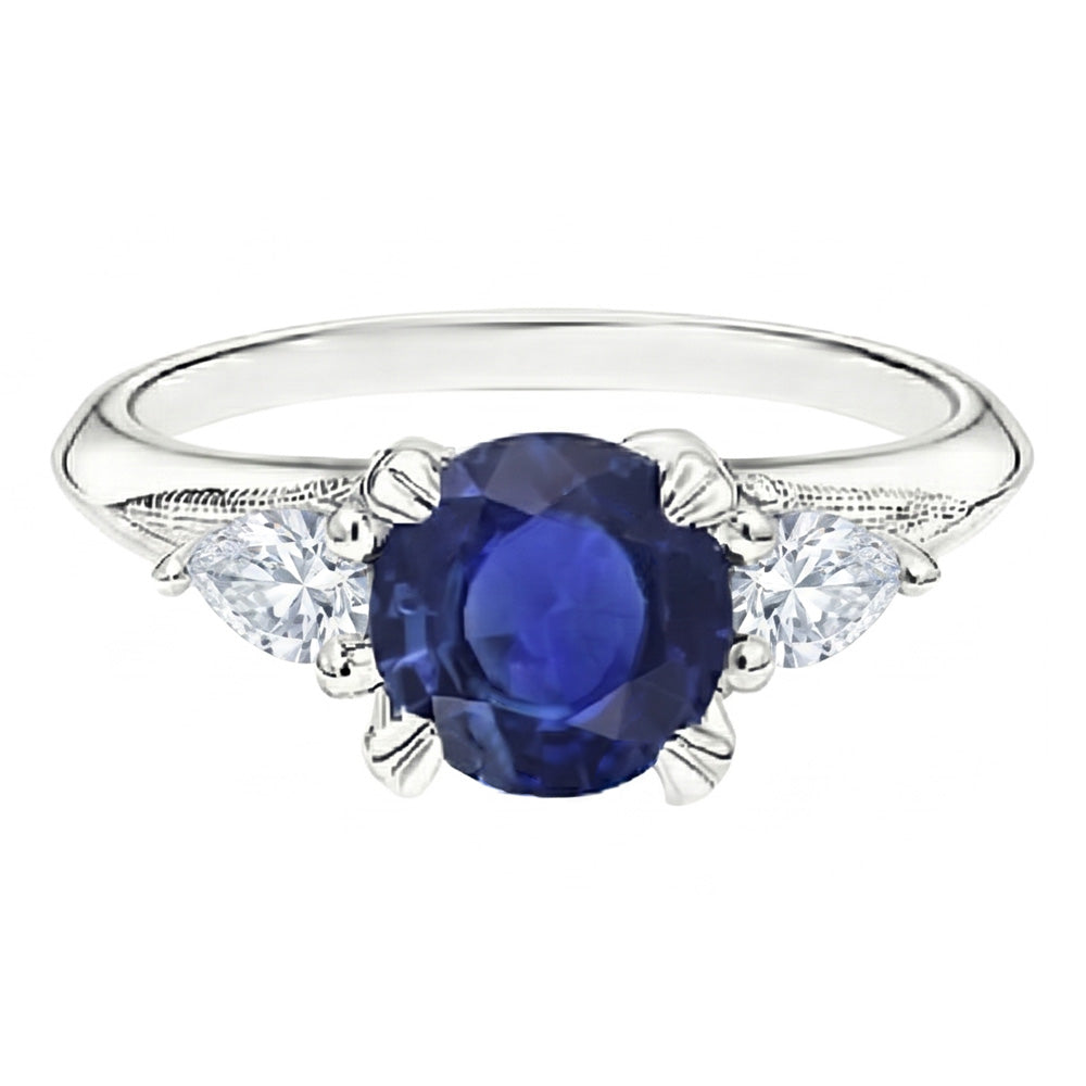 Blue Sapphire 3 Stone Round Sapphire Ring 1.50 Carats Pear Natural Earth Mined Diamonds