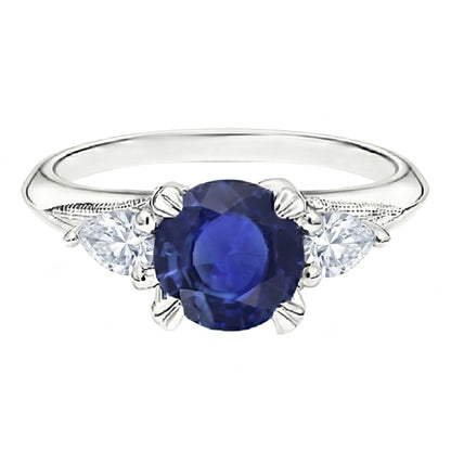 Blue Sapphire 3 Stone Round Sapphire Ring 1.50 Carats Pear Natural Earth Mined Diamonds