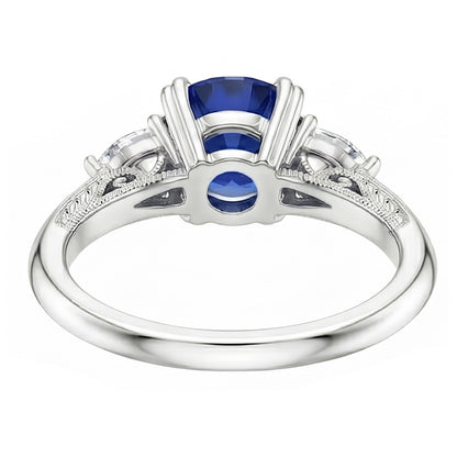 Blue Sapphire 3 Stone Round Sapphire Ring 1.50 Carats Pear Natural Earth Mined Diamonds