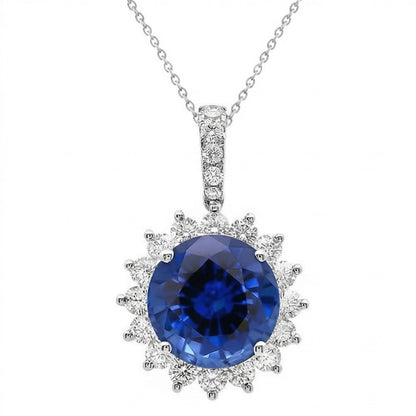 Blue Sapphire And IGI CERTIFIED Diamonds Pendant Necklace 8.40 Carats White Gold 14K