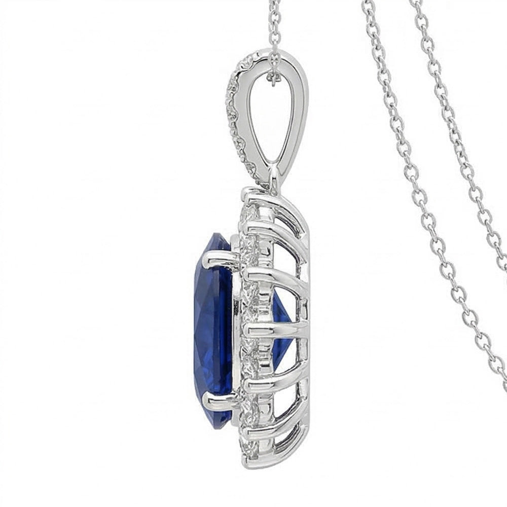 Blue Sapphire And IGI CERTIFIED Diamonds Pendant Necklace 8.40 Carats White Gold 14K
