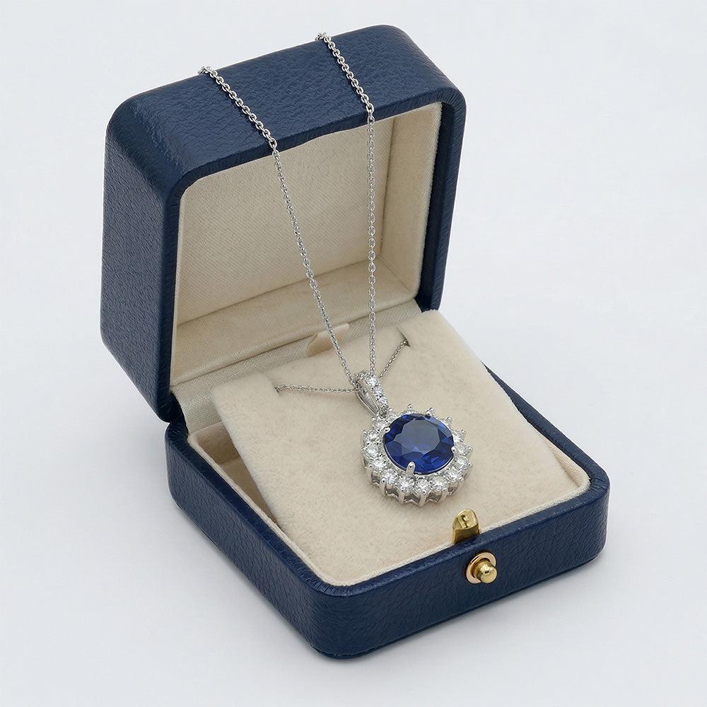 Blue Sapphire And IGI CERTIFIED Diamonds Pendant Necklace 8.40 Carats White Gold 14K