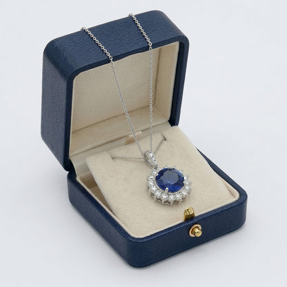 Blue Sapphire And IGI CERTIFIED Diamonds Pendant Necklace 8.40 Carats White Gold 14K