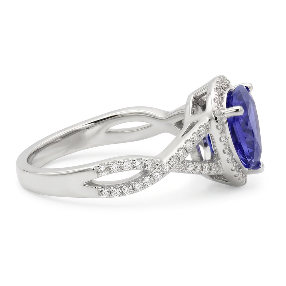 Blue Sapphire And Natural Earth Mined Diamonds 3.66 Carats Ring White Gold 14K