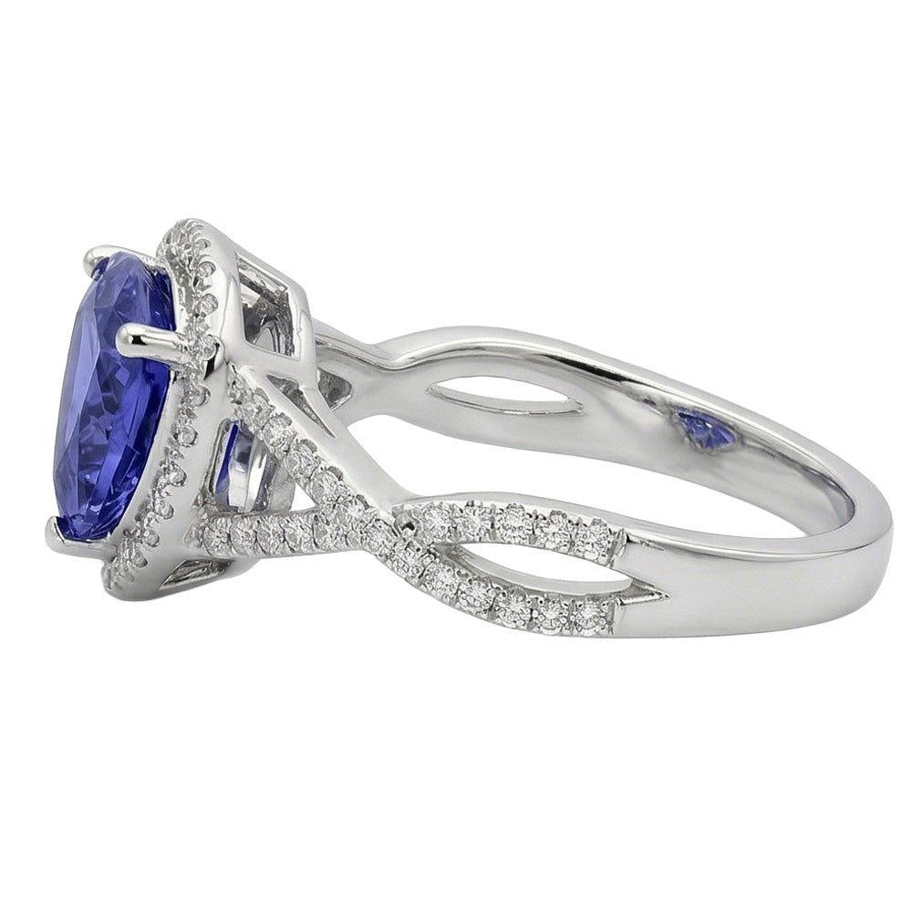 Blue Sapphire And Natural Earth Mined Diamonds 3.66 Carats Ring White Gold 14K