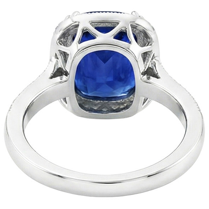 Blue Sapphire Cushion And Round Cut 4.55 Carat Natural Earth Mined Diamonds Ring WG 14K