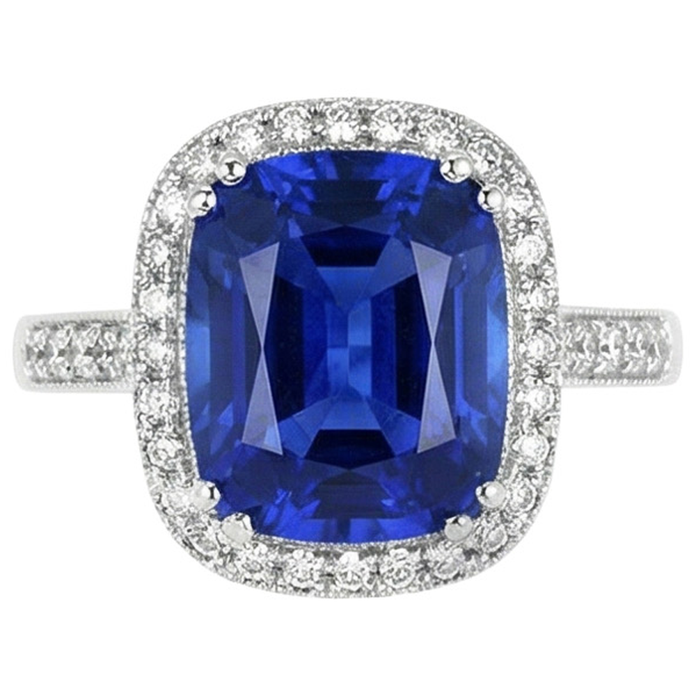Blue Sapphire Cushion And Round Cut 4.55 Carat Natural Earth Mined Diamonds Ring WG 14K