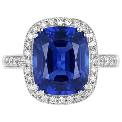 Blue Sapphire Cushion And Round Cut 4.55 Carat Natural Earth Mined Diamonds Ring WG 14K