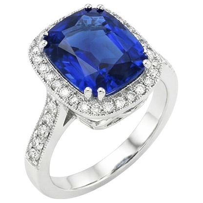 Blue Sapphire Cushion And Round Cut 4.55 Carat Natural Earth Mined Diamonds Ring WG 14K