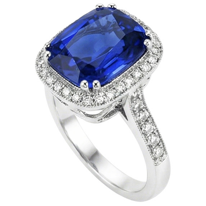 Blue Sapphire Cushion And Round Cut 4.55 Carat Natural Earth Mined Diamonds Ring WG 14K