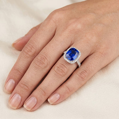 Blue Sapphire Cushion And Round Cut 4.55 Carat Natural Earth Mined Diamonds Ring WG 14K