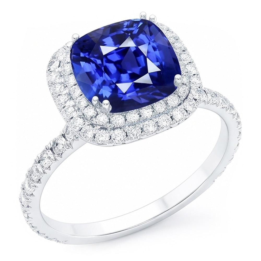 Blue Sapphire Double Halo Ring Gold 14K Natural Earth Mined Diamond Jewelry 5 Carats