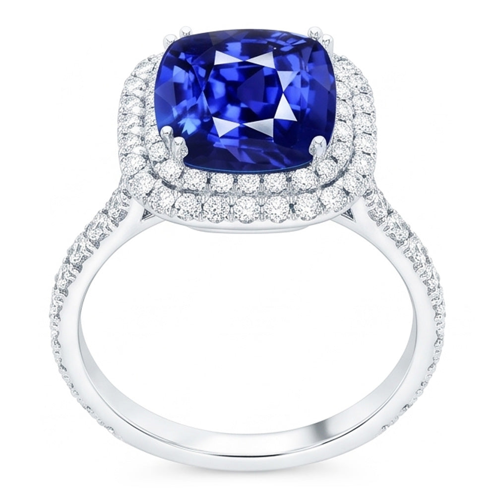 Blue Sapphire Double Halo Ring Gold 14K Natural Earth Mined Diamond Jewelry 5 Carats