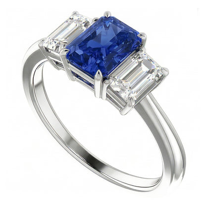 Blue Sapphire Engagement Ring 3 Stone 2 Carats Emerald Cut Natural Earth Mined Diamonds