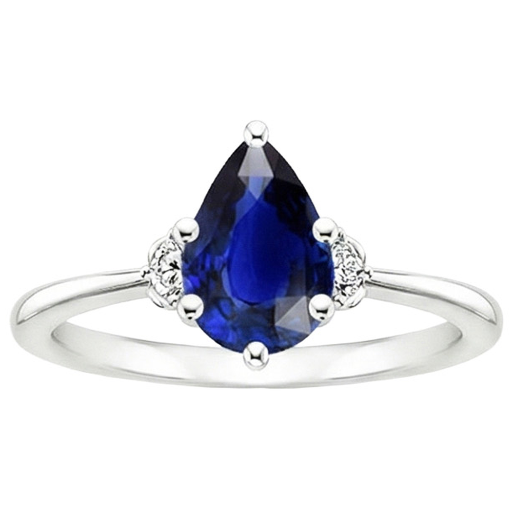 Blue Sapphire Engagement Ring 3 Stones Natural Earth Mined Diamond Pear Cut 3.50 Carats