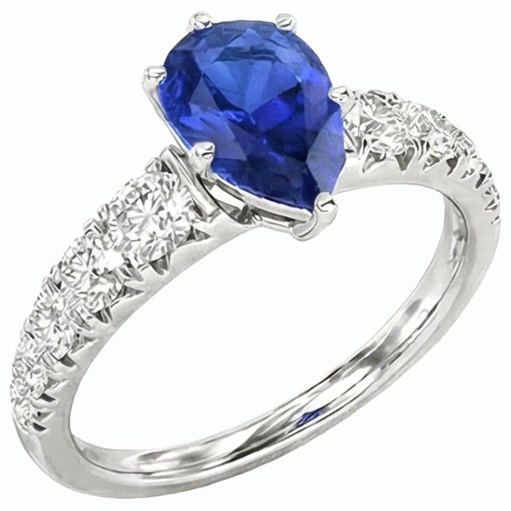 Blue Sapphire Engagement Ring Pear Shaped & Natural Earth Mined Diamonds 3.50 Carats