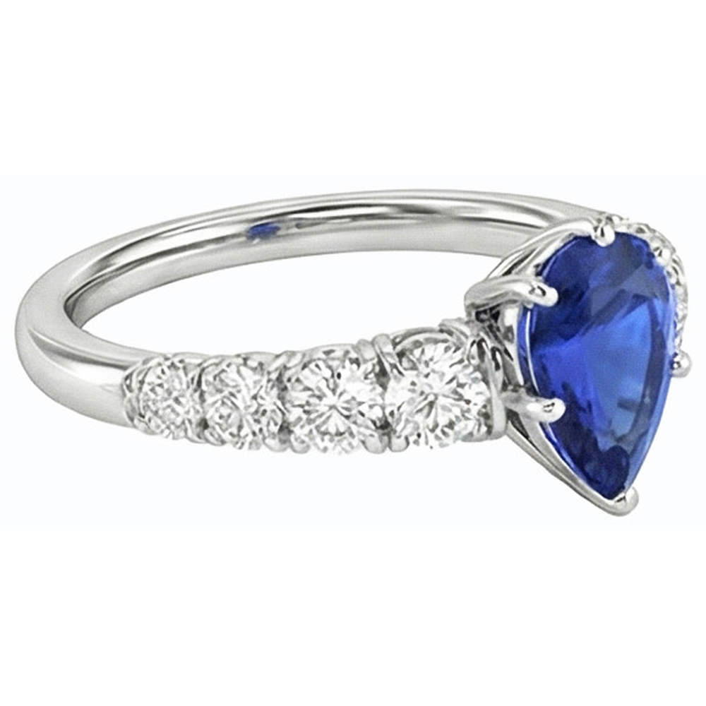 Blue Sapphire Engagement Ring Pear Shaped & Natural Earth Mined Diamonds 3.50 Carats