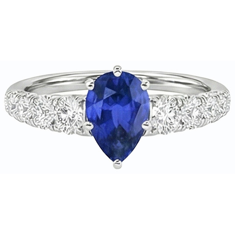 Blue Sapphire Engagement Ring Pear Shaped & Natural Earth Mined Diamonds 3.50 Carats