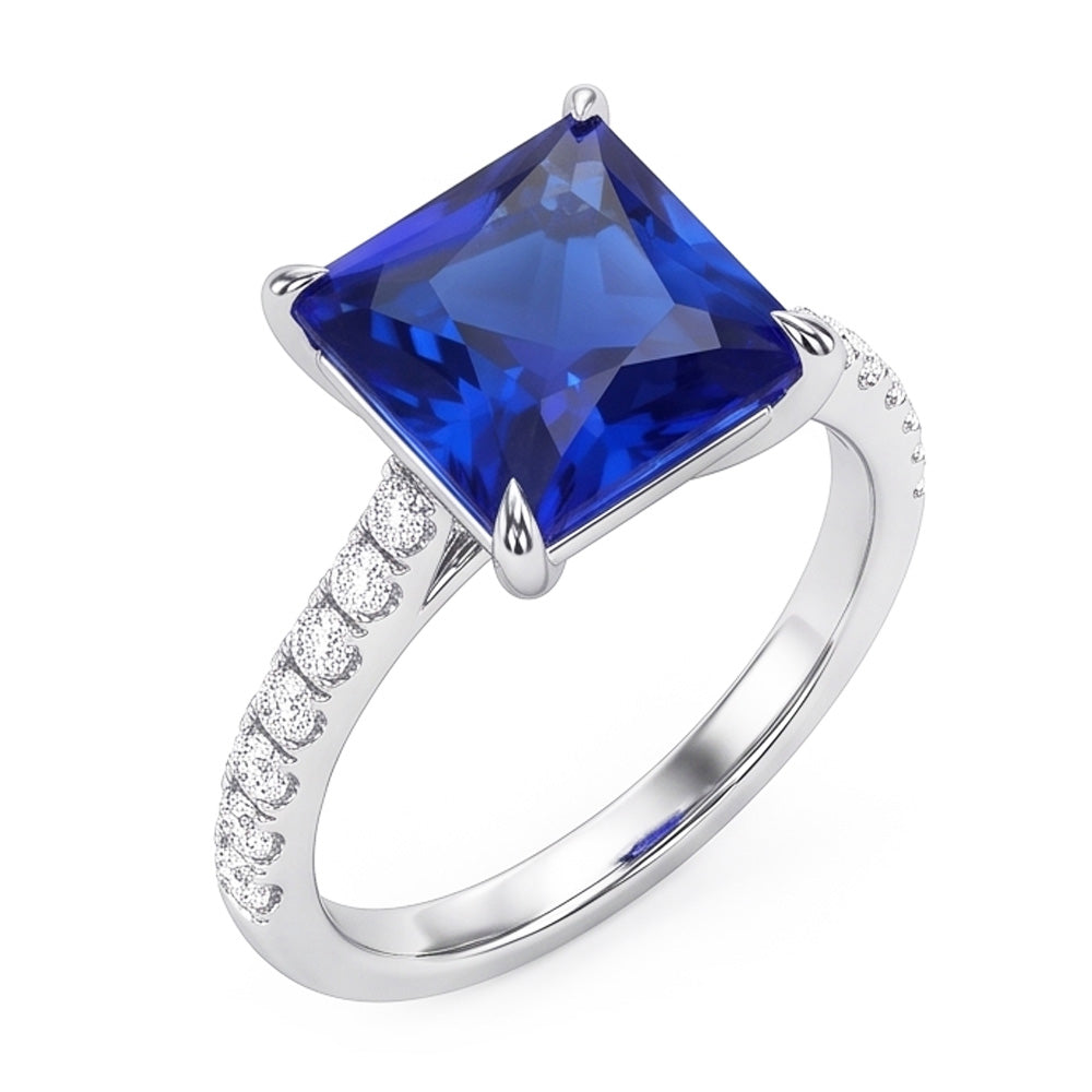 Blue Sapphire Engagement Ring With Pave Natural Earth Mined Diamond Accents 6 Carats