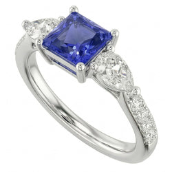 Blue Sapphire Gemstone Radiant Cut Ring Pear & Round Natural Earth Mined Diamonds 3 Carats