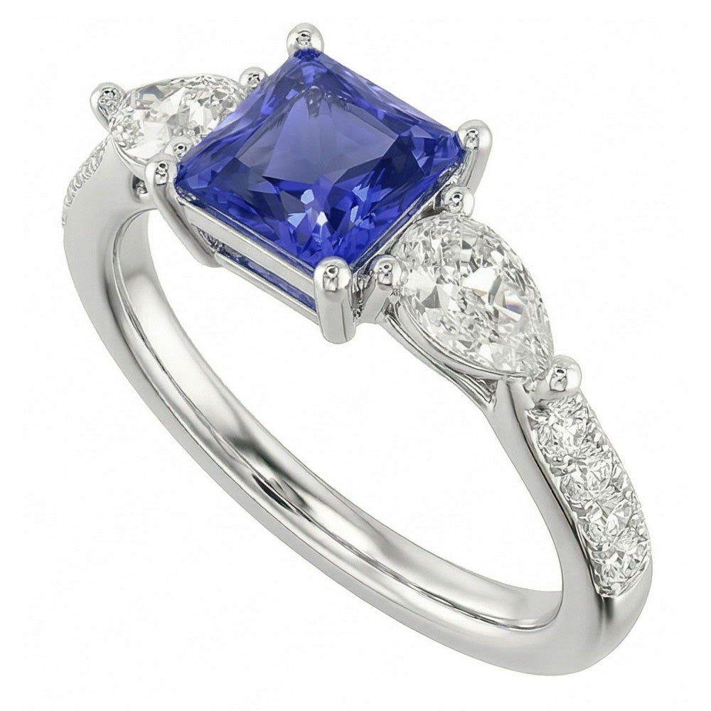 Blue Sapphire Gemstone Radiant Cut Ring Pear & Round Natural Earth Mined Diamonds 3 Carats