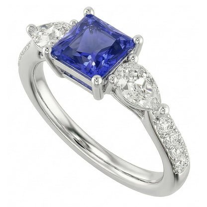 Blue Sapphire Gemstone Radiant Cut Ring Pear & Round Natural Earth Mined Diamonds 3 Carats
