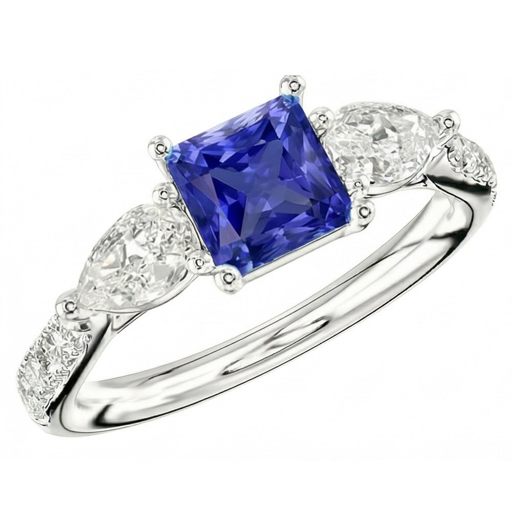 Blue Sapphire Gemstone Radiant Cut Ring Pear & Round Natural Earth Mined Diamonds 3 Carats