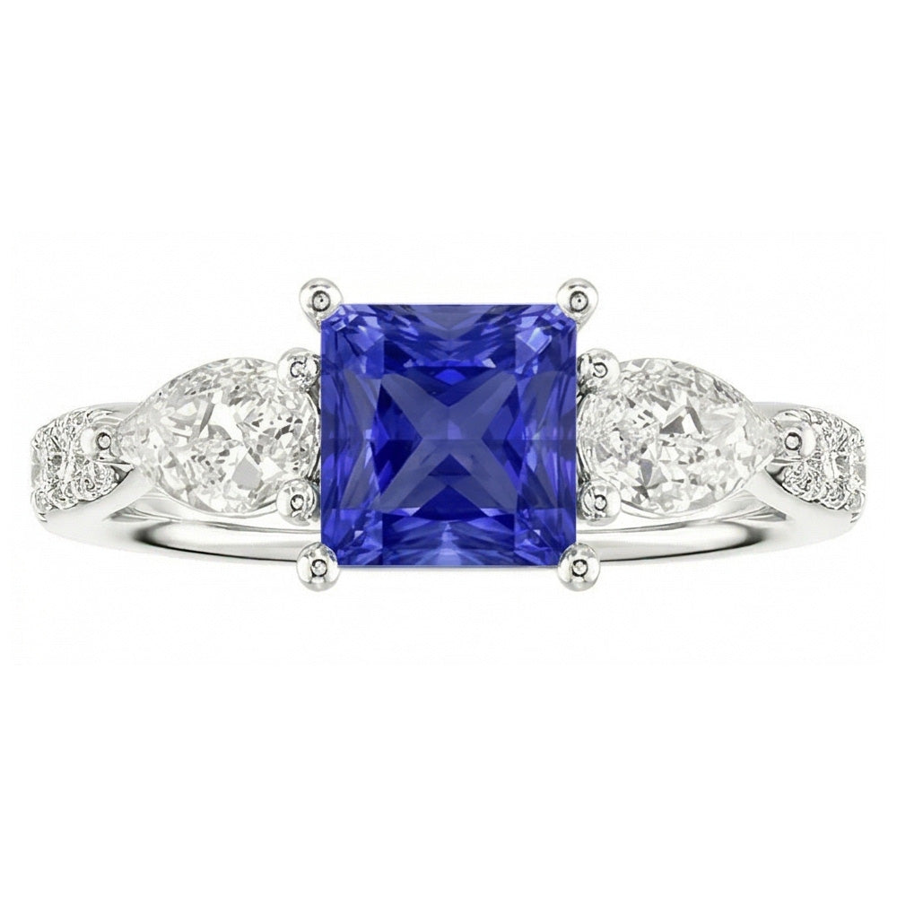 Blue Sapphire Gemstone Radiant Cut Ring Pear & Round Natural Earth Mined Diamonds 3 Carats