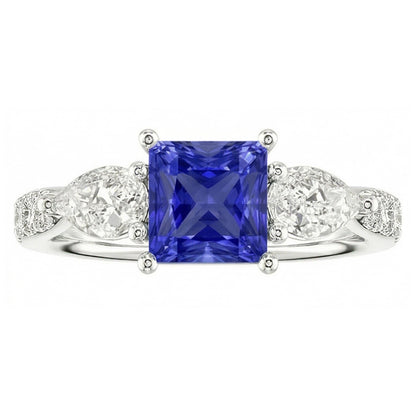 Blue Sapphire Gemstone Radiant Cut Ring Pear & Round Natural Earth Mined Diamonds 3 Carats